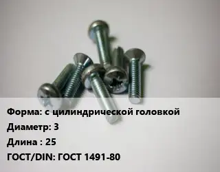 Винт с цилиндрической головкой 3х25 ГОСТ 1491-80